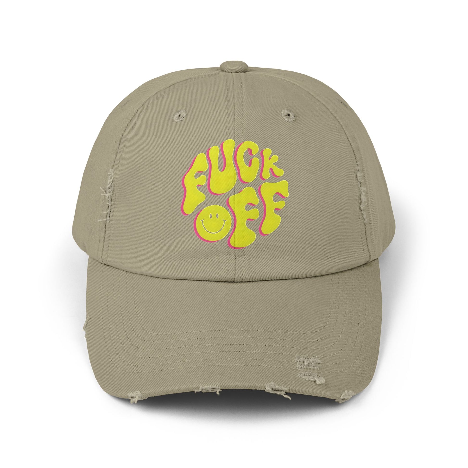 Vibrant Unisex Distressed Cap with 'F*CK OFF' Design, Fun Gift, Casual Style, Summer Accessory, Trendy Headwear