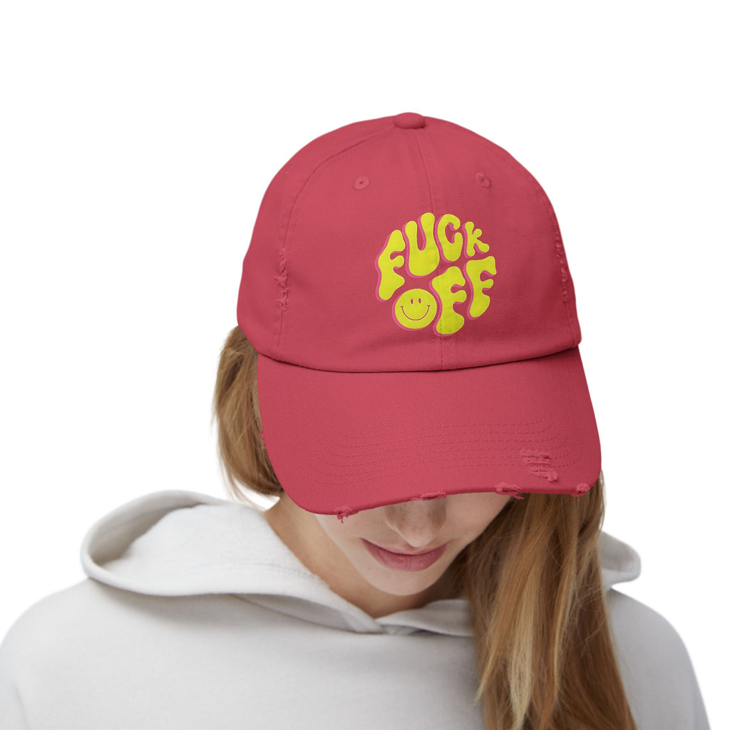 Vibrant Unisex Distressed Cap with 'F*CK OFF' Design, Fun Gift, Casual Style, Summer Accessory, Trendy Headwear