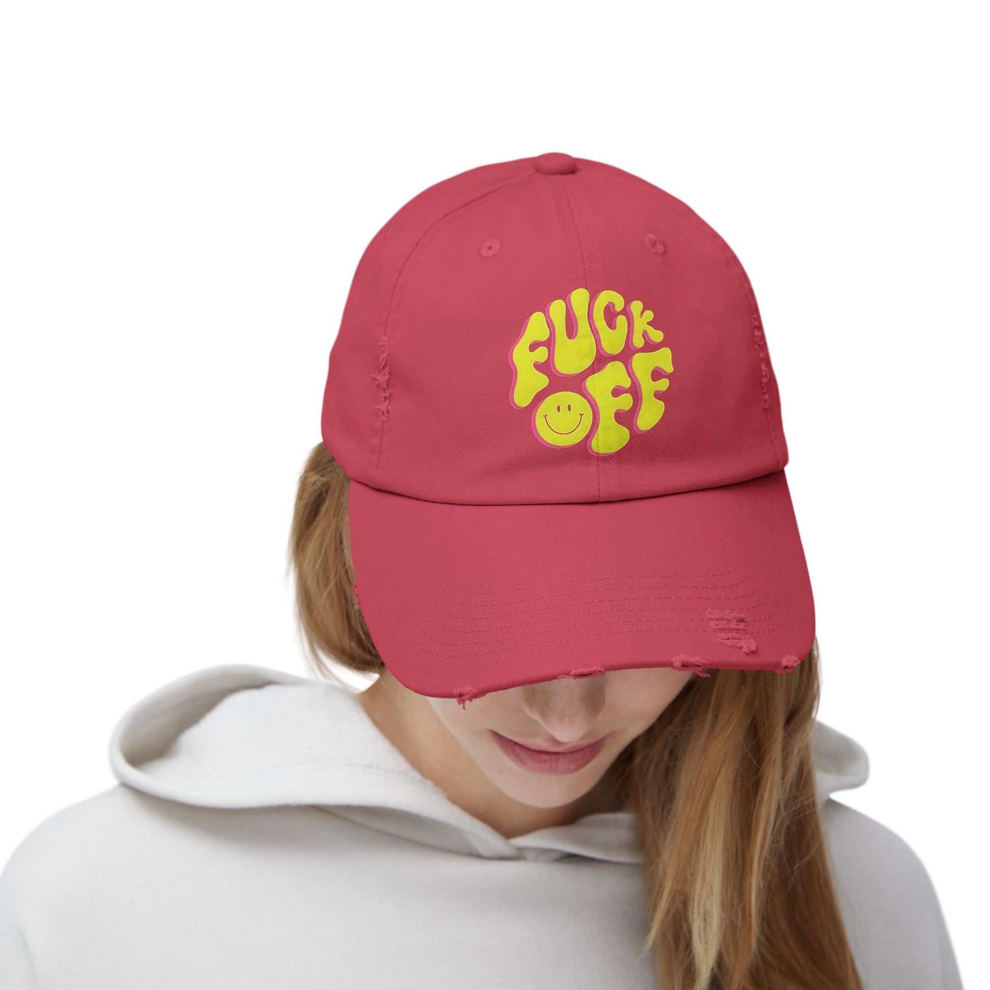 Vibrant Unisex Distressed Cap with 'F*CK OFF' Design, Fun Gift, Casual Style, Summer Accessory, Trendy Headwear